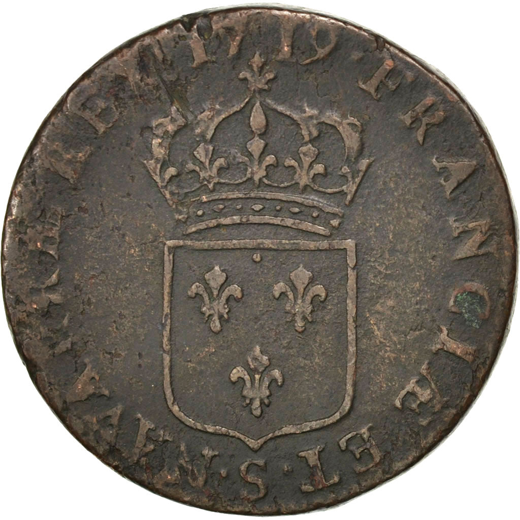 FRANCE, Sol au buste enfantin, Sol, 1719, Reims, KM #439.7, VF(30-35), Copper,..