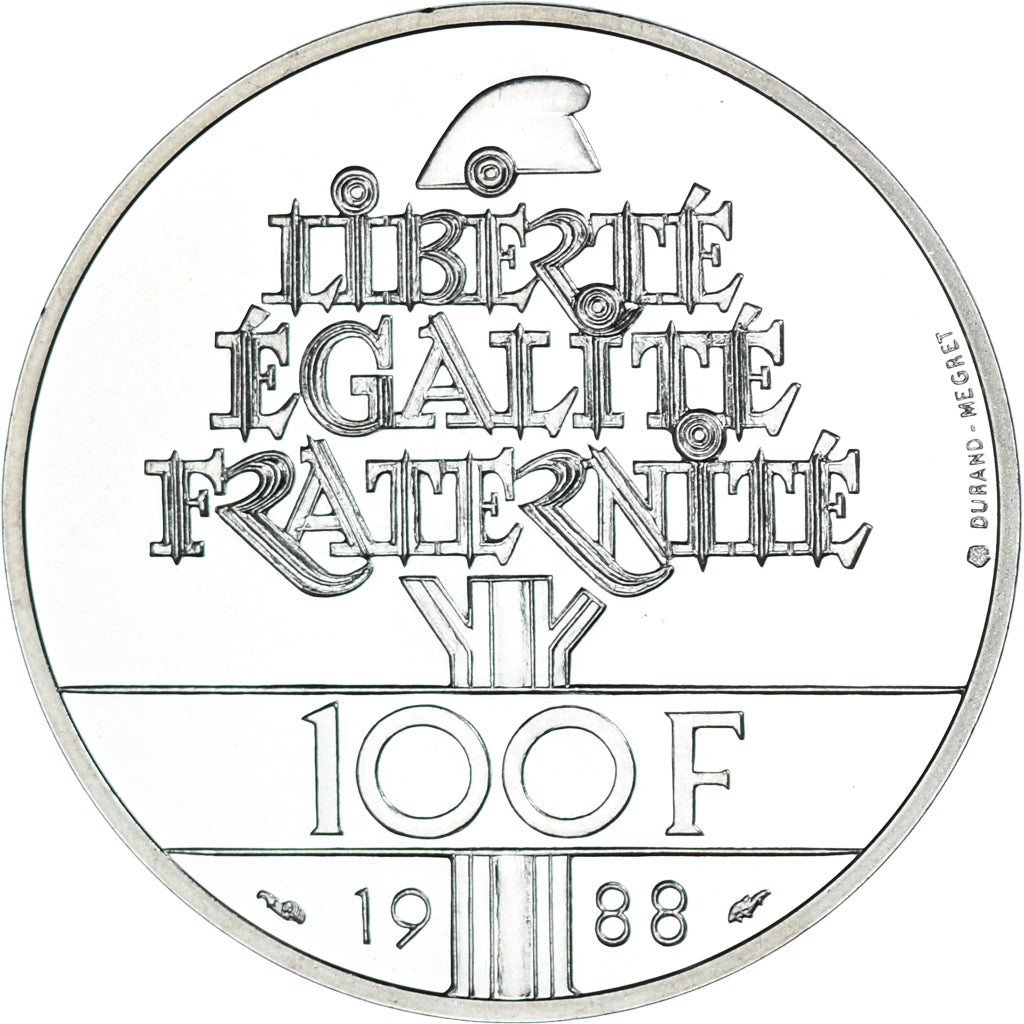 Moneta, Francja, Fraternité, 100 Francs, 1988, MS(63), Srebro, KM:966a