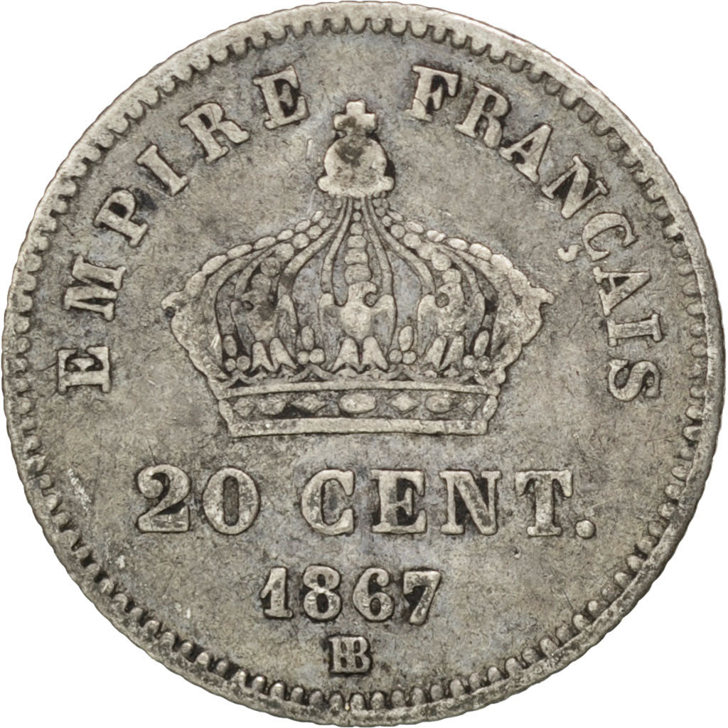 FRANCE, Napoléon III, 20 Centimes, 1867, Strasbourg, KM #808.2, VF(20-25), S...