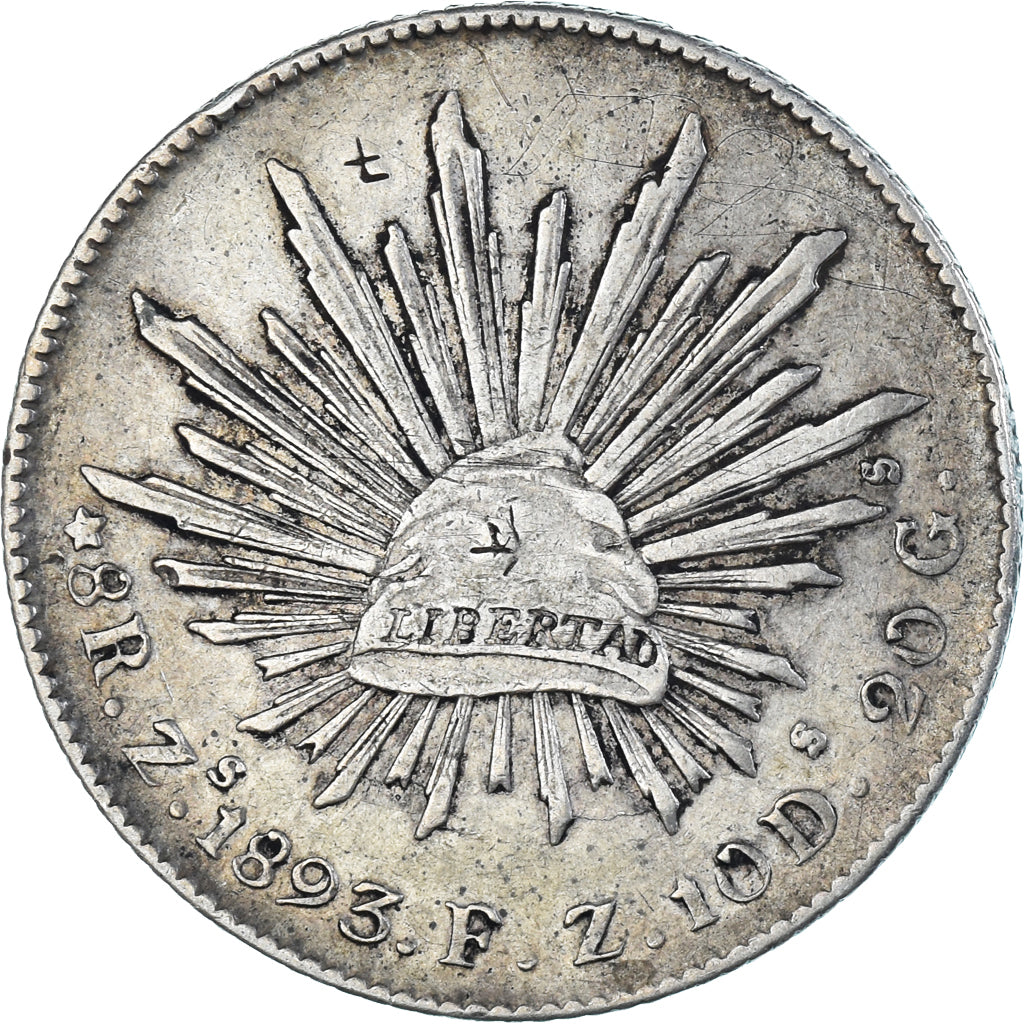 Coin, Mexico, 8 Reales, 1893, Zacatecas, EF(40-45), Silver, KM:377.13