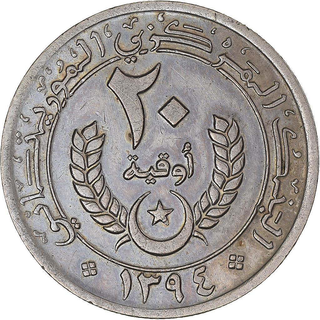 Coin, Mauritania, 20 Ouguiya, 1974, EF(40-45), Copper-nickel, KM:5
