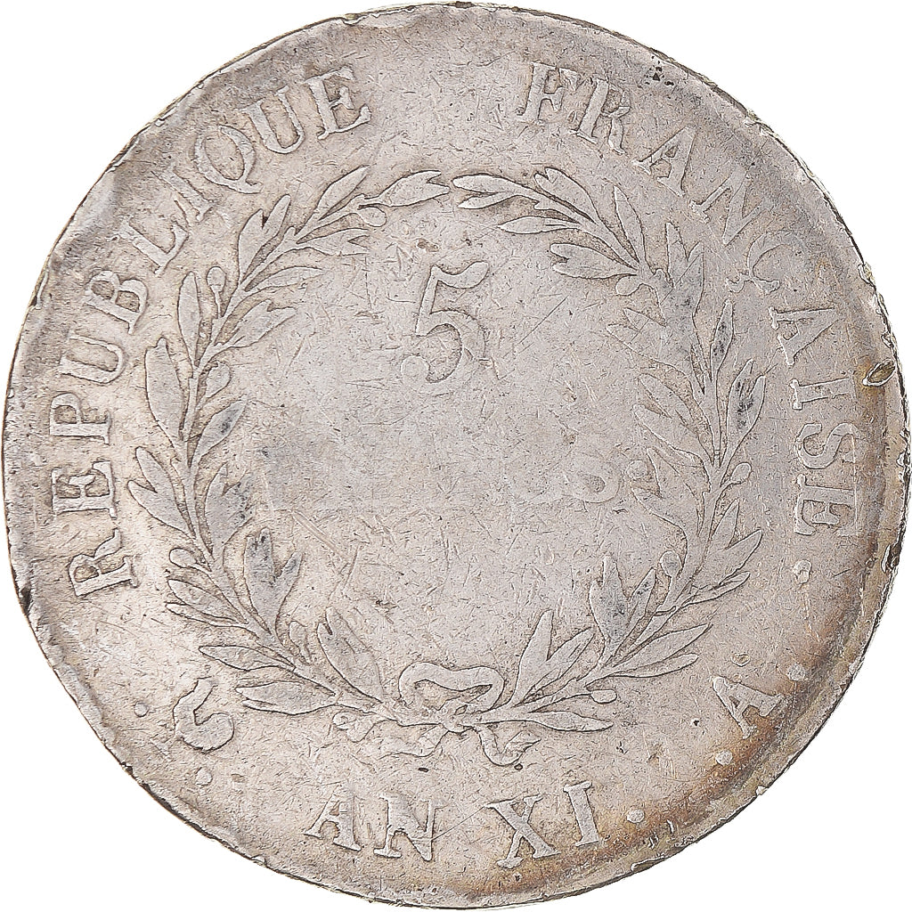 Moneda, Francia, Napoléon I, 5 Francs, An XI, Paris, BC, Plata, KM:650.1