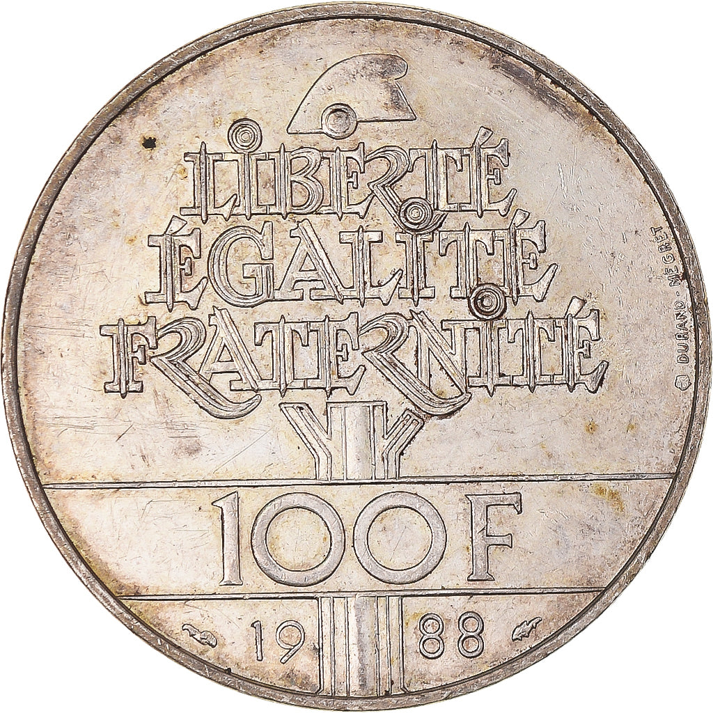 Coin, France, Fraternité, 100 Francs, 1988, EF(40-45), Silver, KM:966