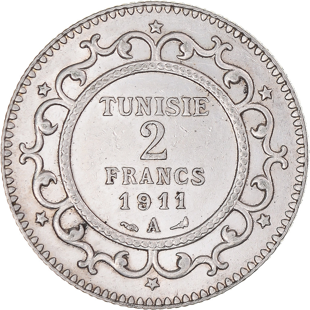 Coin, Tunisia, Muhammad al-Nasir Bey, 2 Francs, 1911, Paris, AU(50-53), Silver