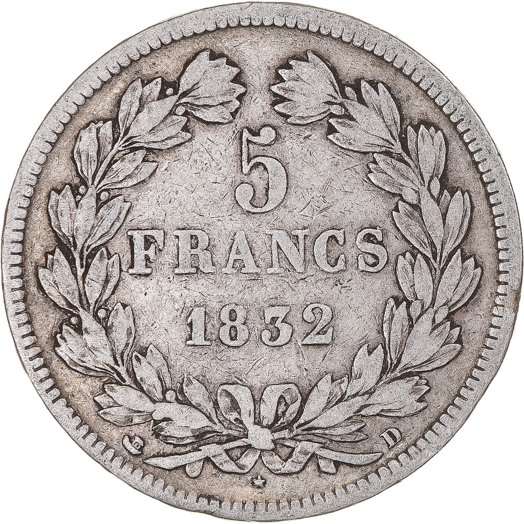 Coin, France, Louis-Philippe, 5 Francs, 1832, Lyon, VF(30-35), Silver, KM:749.4