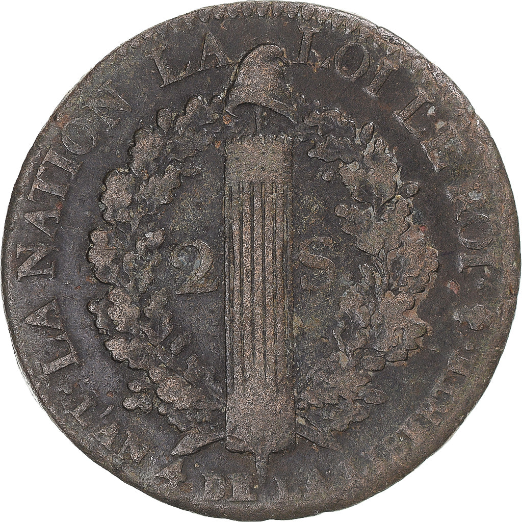 Moeda, França, Louis XVI, François, 2 Sols, 1792 - (An 4), Paris, EF(40-45)
