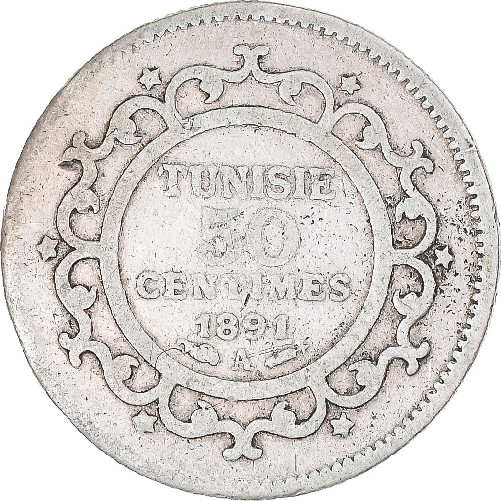 Coin, Tunisia, Ali Bey, 50 Centimes, 1891, Paris, EF(40-45), Silver, KM:223