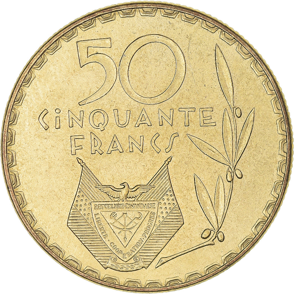 Coin, Rwanda, 50 Francs, 1977, Paris, EF(40-45), Brass, KM:16