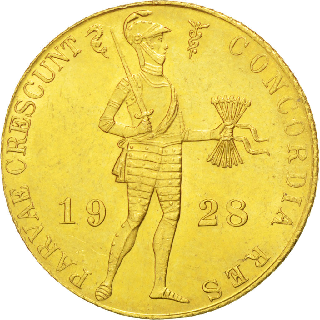 Netherlands, Ducat, 1928, Utrecht, KM #83.1a, AU(55-58), Gold, 3.49