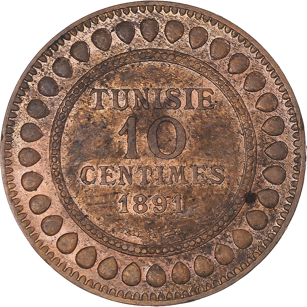 Moeda, Tunísia, Ali Bey, 10 Centimes, 1891, Paris, AU(55-58), Bronze, KM:222