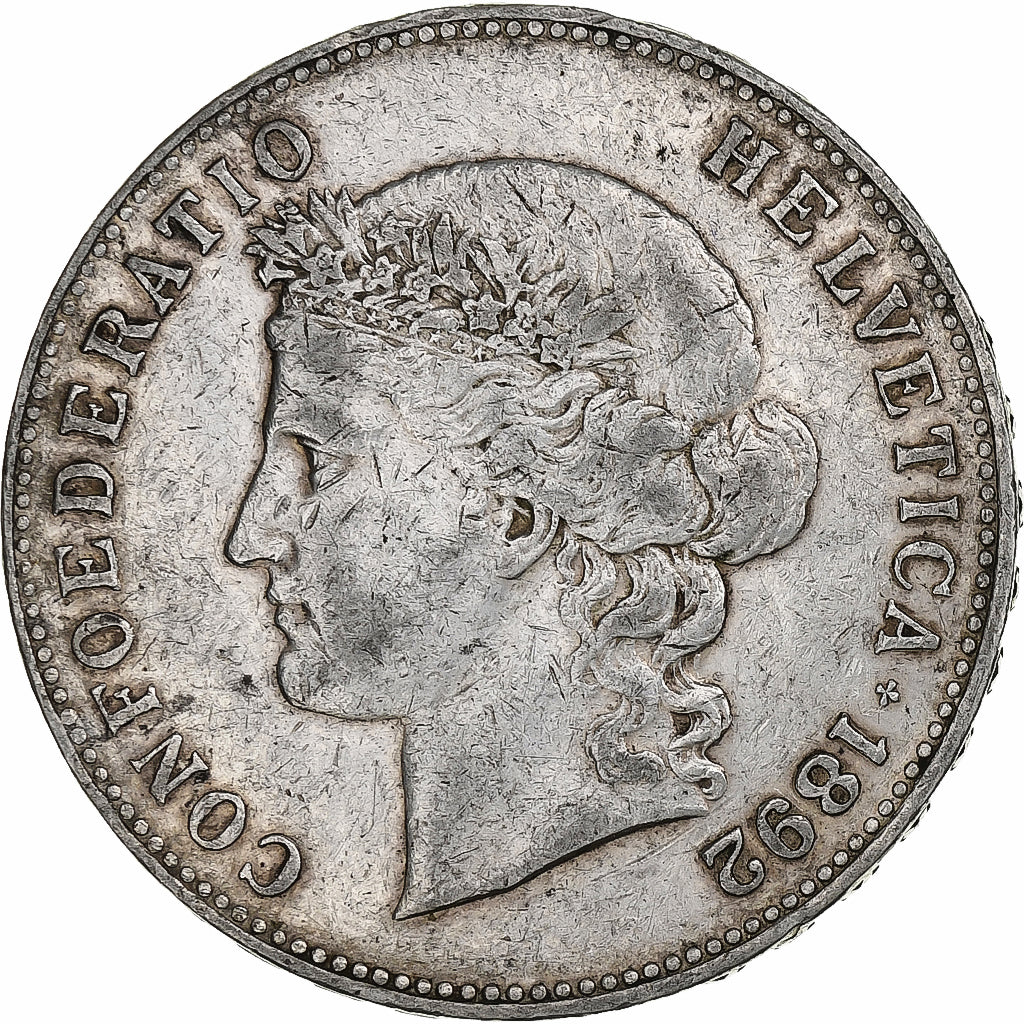 Switzerland, 5 Francs, 1892, Bern, VF(20-25), Silver, KM:34