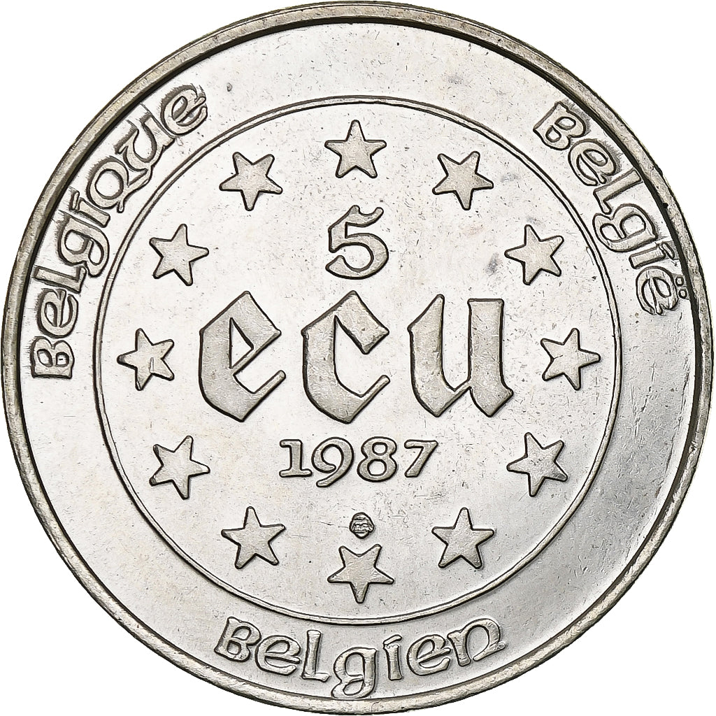 Belgium, 5 Ecu, 1987, Brussels, AU(55-58), Silver, KM:166