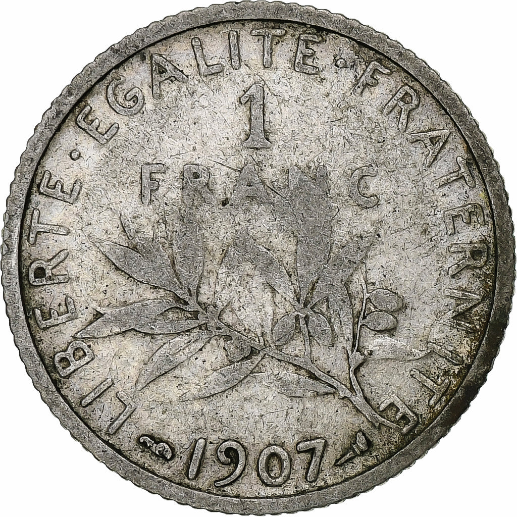 Francia, Semeuse, Franc, 1907, Paris, BC+, Plata, KM:844.1, Gadoury:467, Le