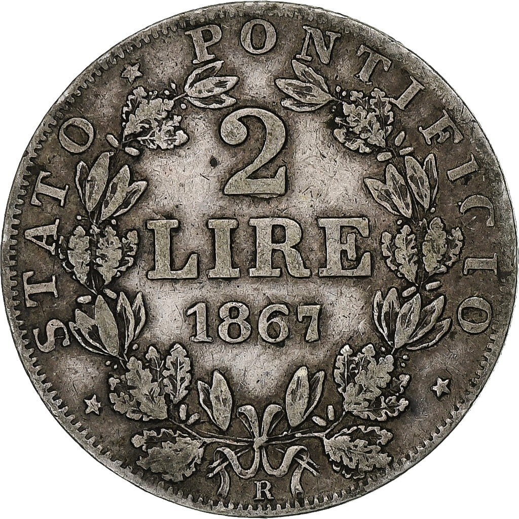 ITALIAN STATES, PAPAL STATES, Pius IX, 2 Lire, 1867, Roma, EF(40-45), Silver