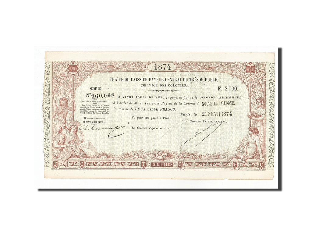 New Caledonia, 2000 Francs, 1874-02-20, Traite Trésor Public, AU(55-58)
