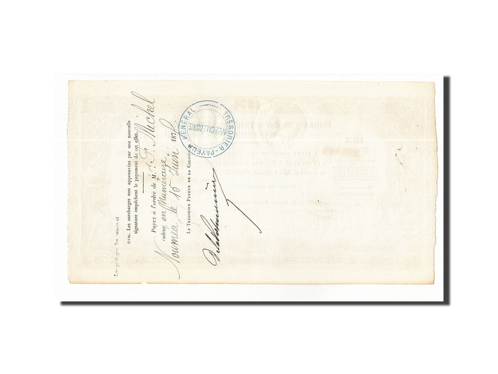 New Caledonia, 2000 Francs, 1874-02-20, Traite Trésor Public, AU(55-58)