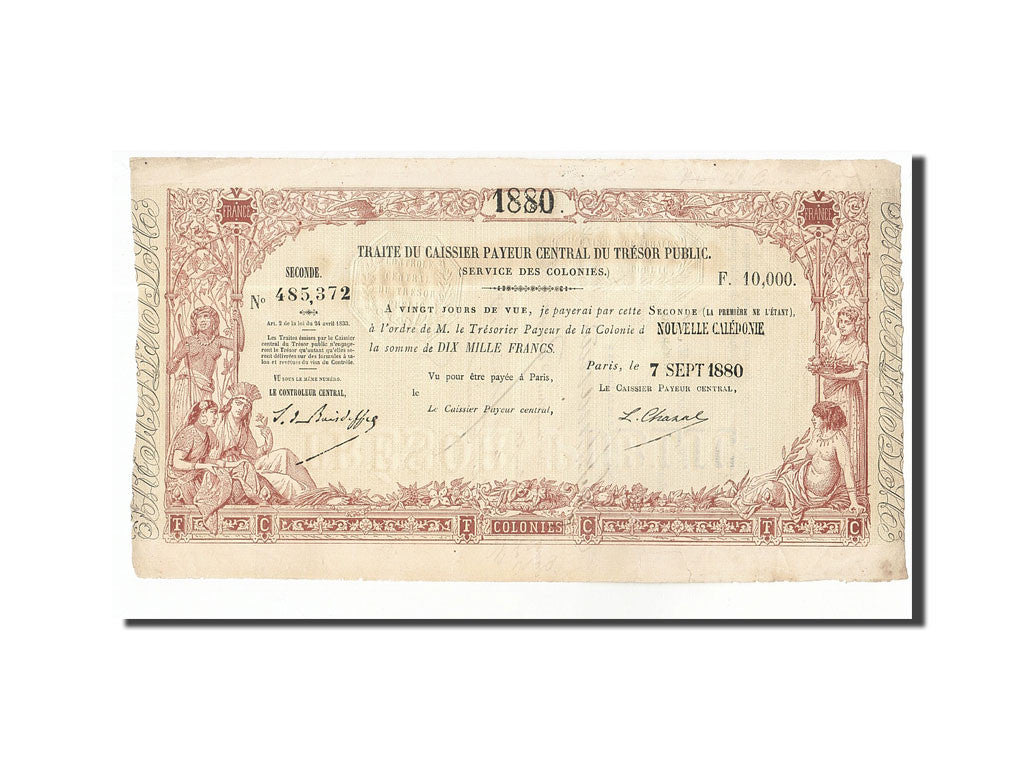 New Caledonia, 10 000 Francs, 1880-09-07, Traite Trésor Public, EF(40-45)