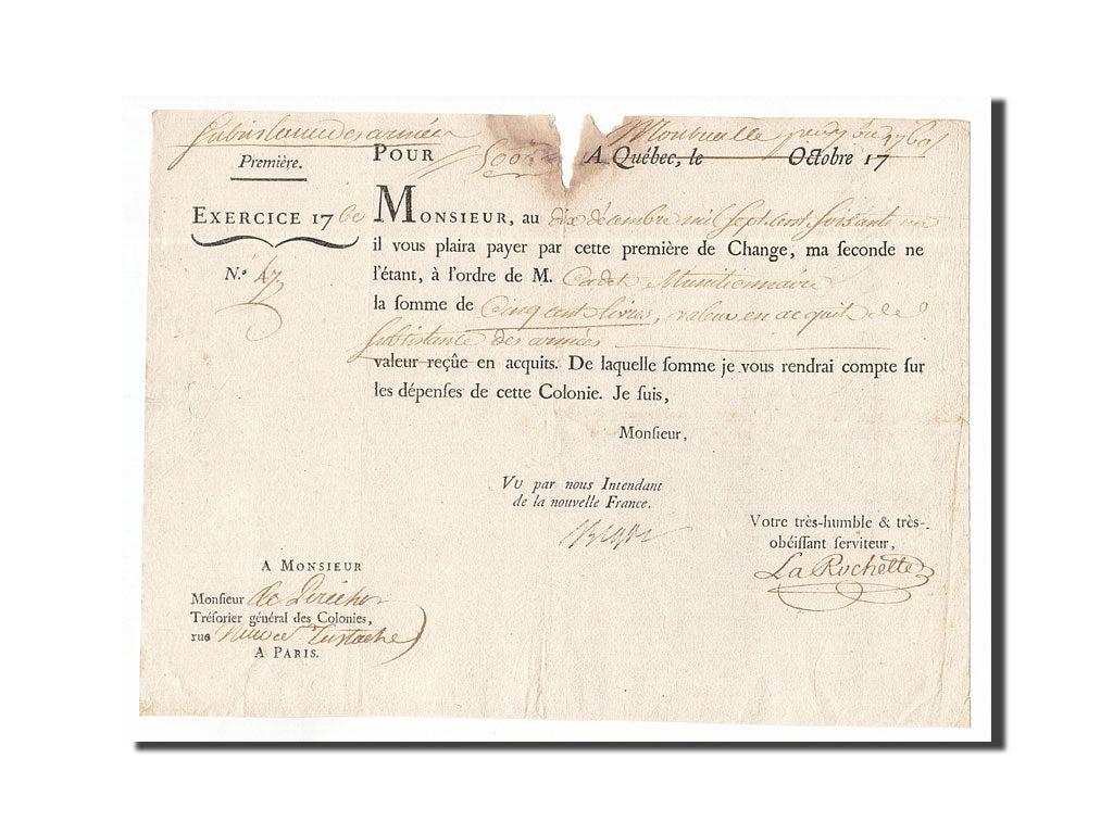 Quebec, 500 Livres, 1760, 1761-10-01, VF(20-25)
