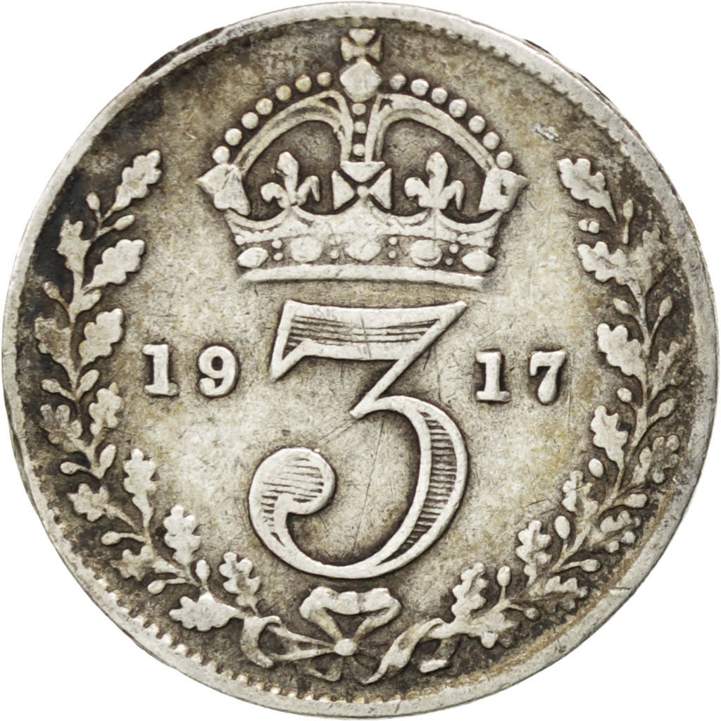 GREAT BRITAIN, 3 Pence, 1917, KM #813, VF(20-25), Silver, 16, 1.37