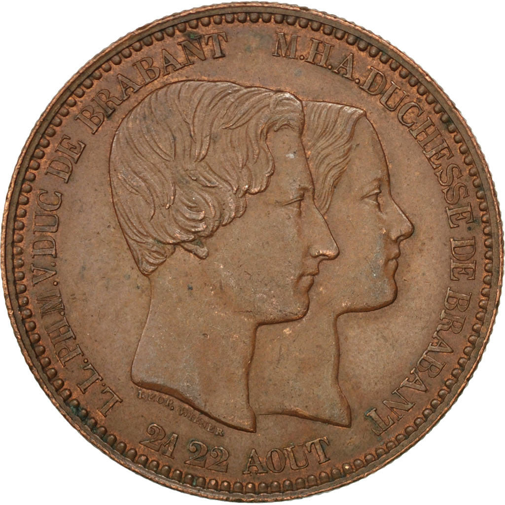 BELGIUM, 10 Centimes, 1853, KM #1.1, AU(50-53), Copper, 19.76