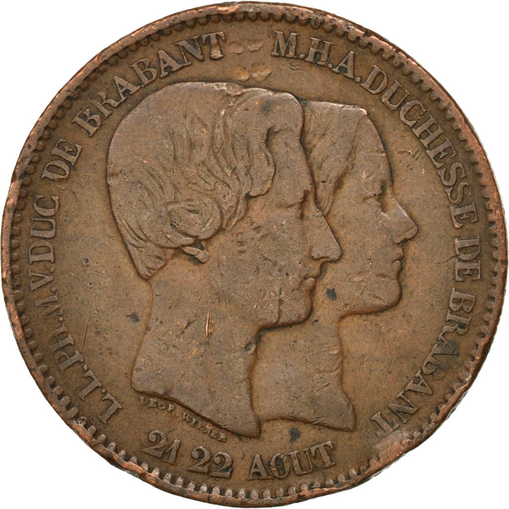 BELGIUM, 10 Centimes, 1853, KM #1.1, VF(20-25), Copper, 19.16