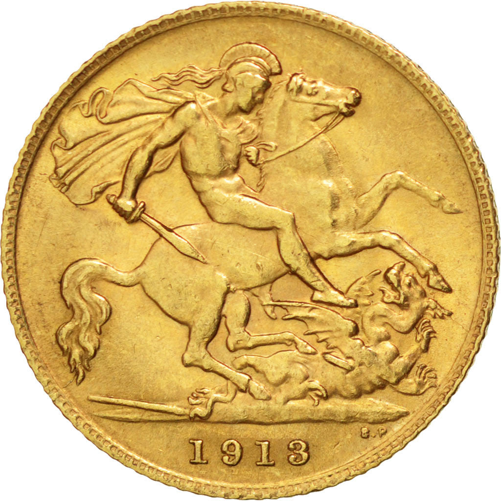 GREAT BRITAIN, 1/2 Sovereign, 1913, KM #819, AU(55-58), Gold, 4.02