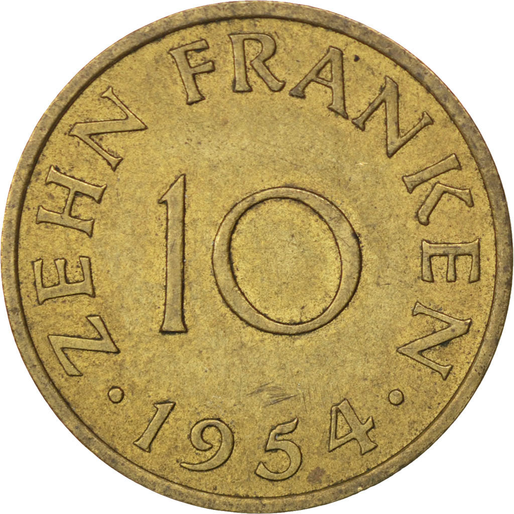 SAARLAND, 10 Franken, 1954, Paris, KM #1, EF(40-45), Aluminum-Bronze, 20, 3.05