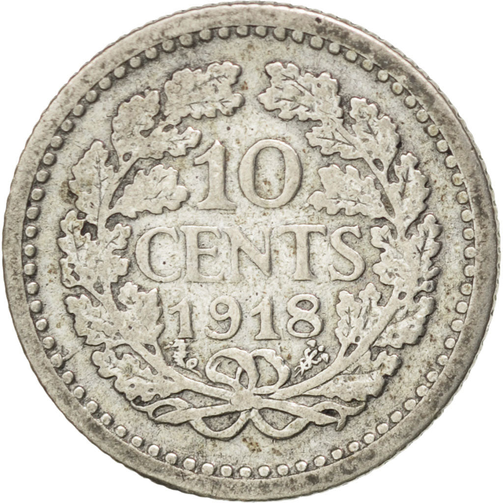NETHERLANDS, 10 Cents, 1918, KM #145, VF(30-35), Silver, 15, 1.36