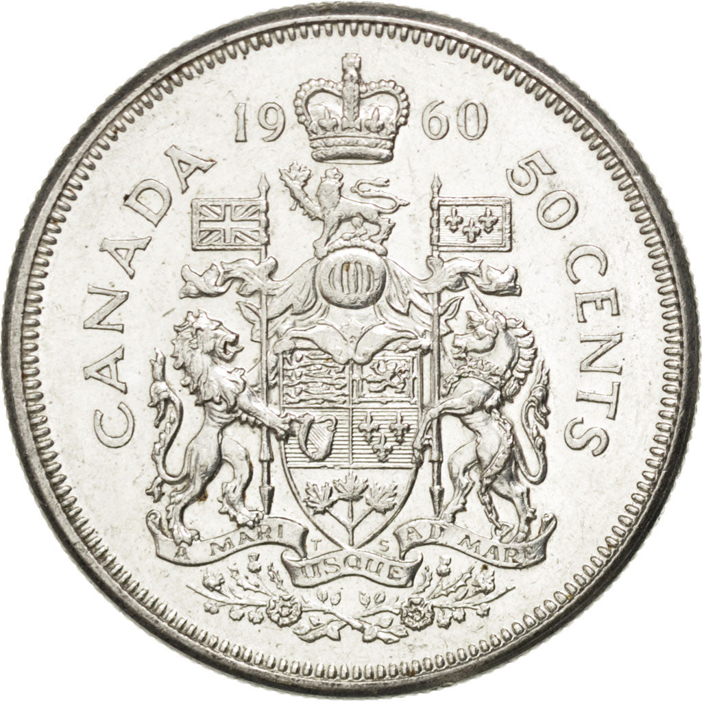 CANADA, 50 Cents, 1960, Royal Canadian Mint, KM #56, AU(55-58), Silver, 29.7,...