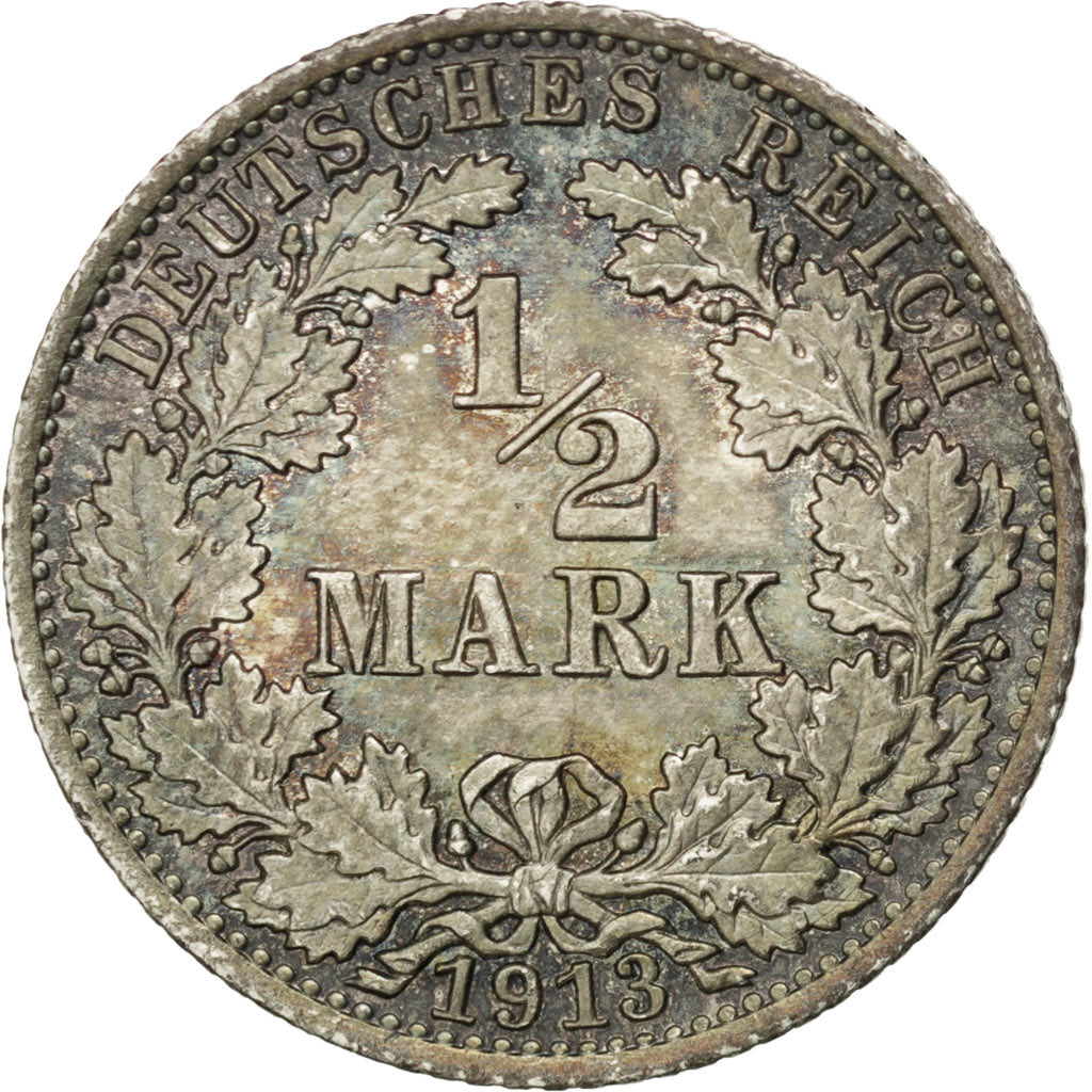 GERMANY - EMPIRE, 1/2 Mark, 1913, Berlin, KM #17, MS(63), Silver, 20, 2.77