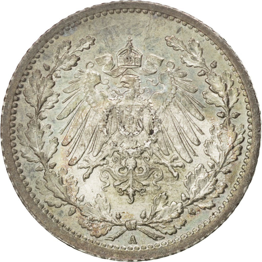 GERMANY - EMPIRE, 1/2 Mark, 1913, Berlin, KM #17, MS(63), Silver, 20, 2.76