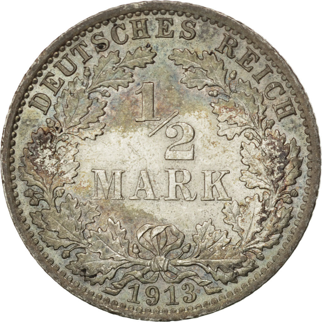 GERMANY - EMPIRE, 1/2 Mark, 1913, Berlin, KM #17, MS(63), Silver, 20, 2.76