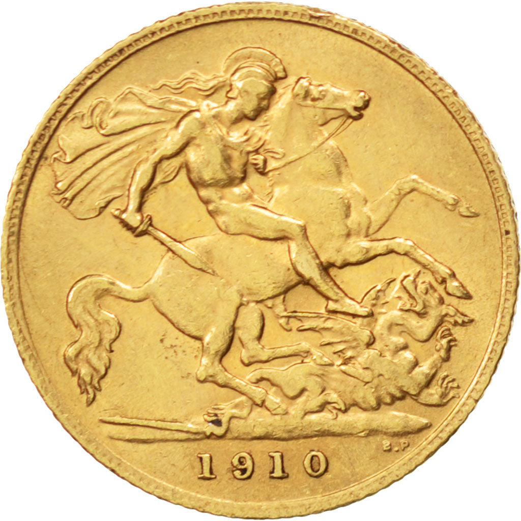 GREAT BRITAIN, 1/2 Sovereign, 1910, KM #804, EF(40-45), Gold, 3.97