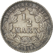 GERMANY - EMPIRE, 1/2 Mark, 1918, Berlin, KM #17, EF(40-45), Silver, 20, 2.78