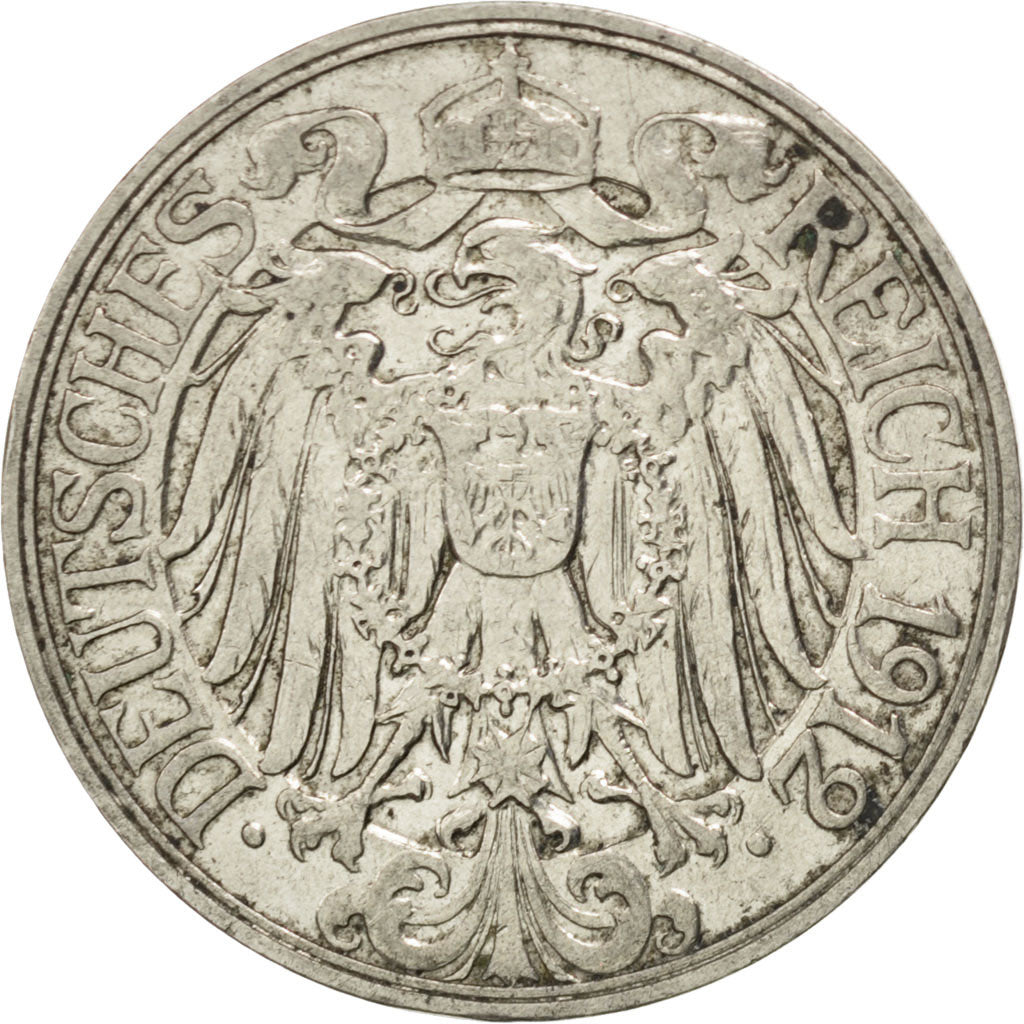 GERMANY - EMPIRE, 25 Pfennig, 1912, Berlin, KM #18, EF(40-45), Nickel, 23, 3.96