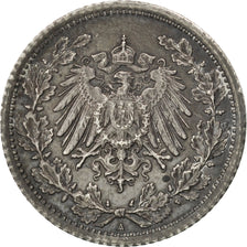 GERMANY - EMPIRE, 1/2 Mark, 1918, KM #17, AU(50-53), Silver, 20, 2.77