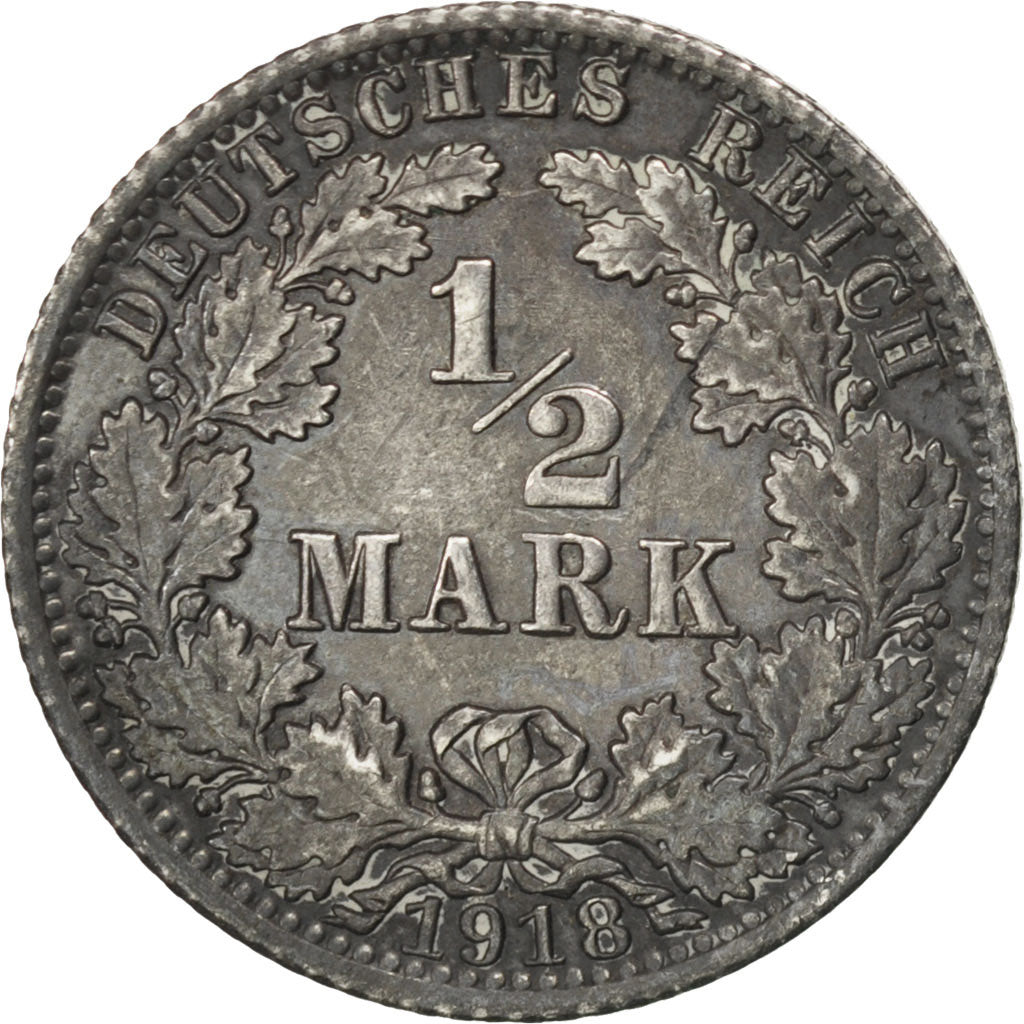 GERMANY - EMPIRE, 1/2 Mark, 1918, KM #17, AU(50-53), Silver, 20, 2.77