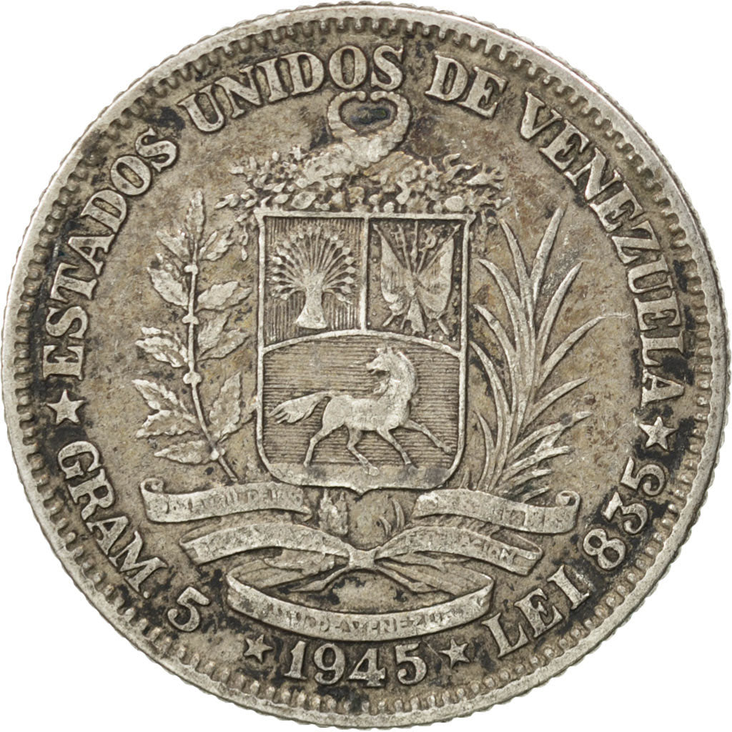 VENEZUELA, Gram 5, Bolivar, 1945, Philadelphia, KM #22a, EF(40-45), Silver, 23,.