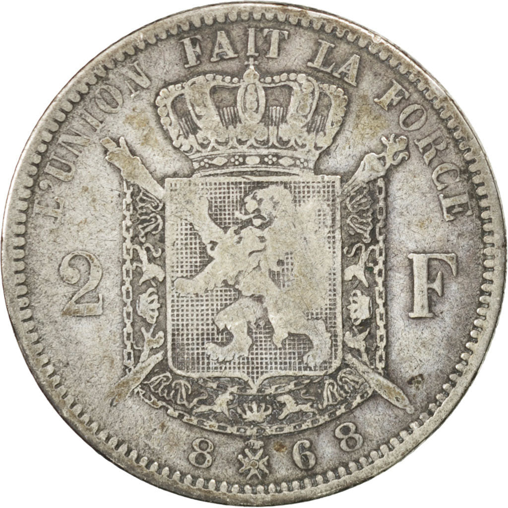 BELGIUM, 2 Francs, 2 Frank, 1868, KM #30.1, VF(20-25), Silver, 9.58