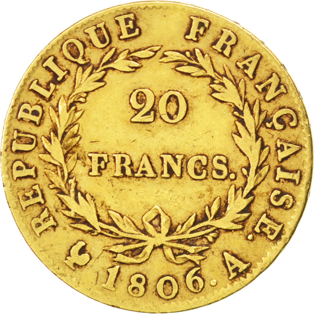 FRANCE, Napoléon I, 20 Francs, 1806, Paris, KM #674.1, VF(30-35), Gold, Gadoury 