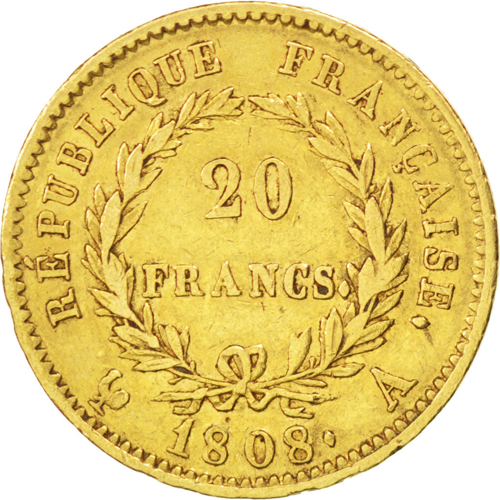 FRANCE, Napoléon I, 20 Francs, 1808, Paris, KM #687.1, VF(30-35), Gold, Gadoury