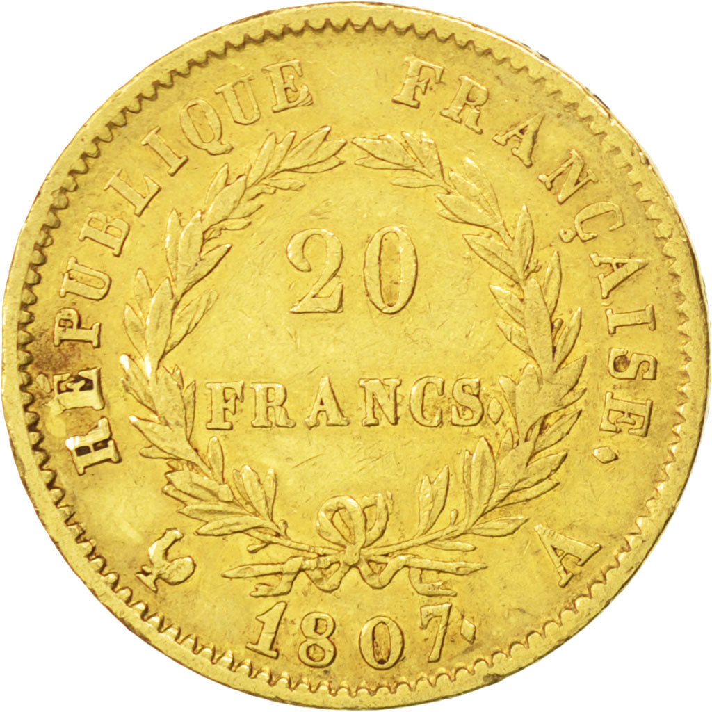 FRANCE, Napoléon I, 20 Francs, 1807, Paris, KM #A687.1, EF(40-45), Gold, Gadoury