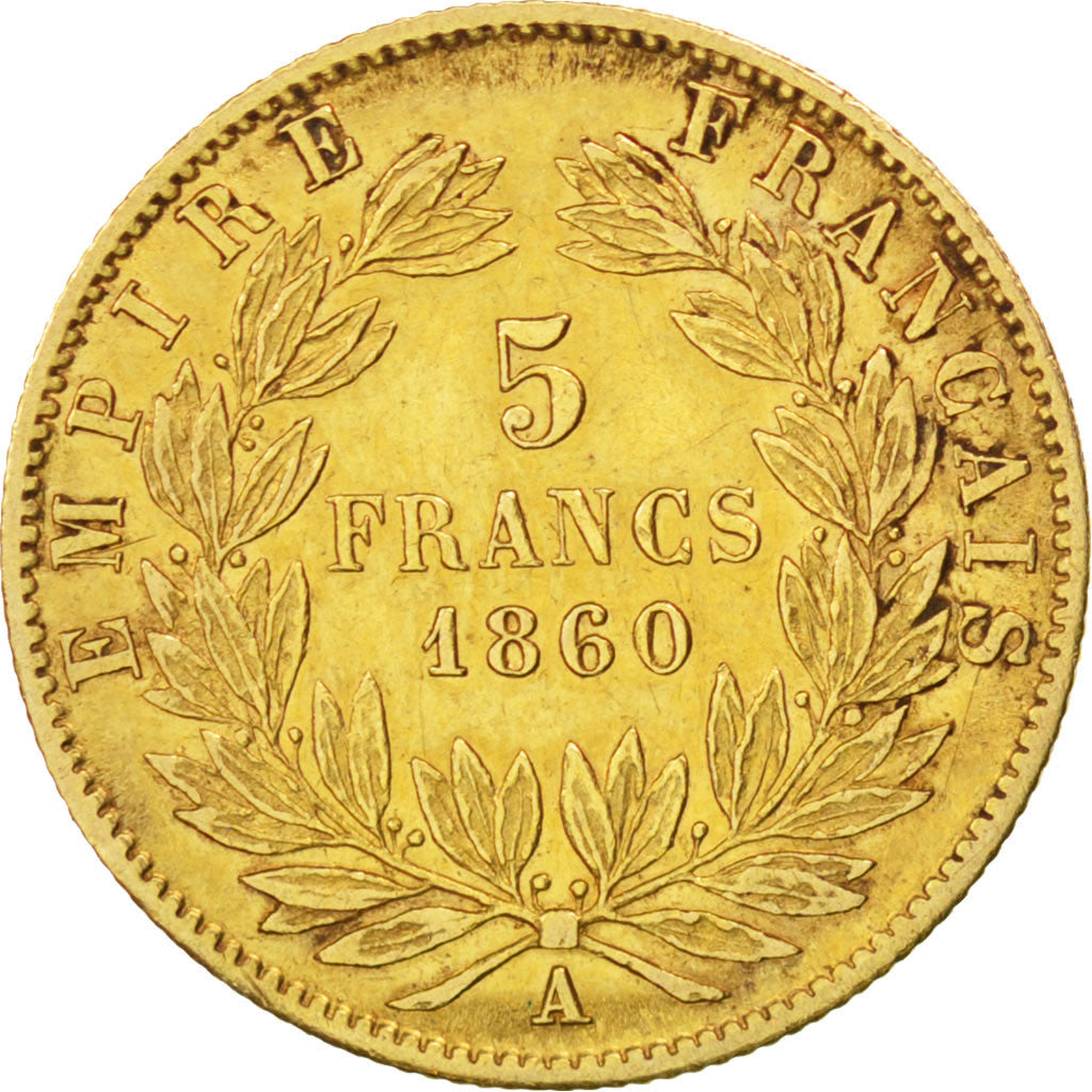 FRANCE, Napoléon III, 5 Francs, 1860, Paris, KM #787.1, EF(40-45), Gold, 16.7, G