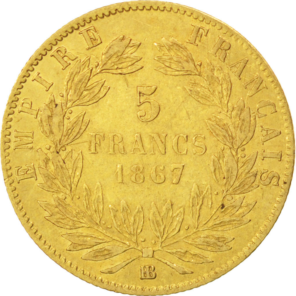 FRANCE, Napoléon III, 5 Francs, 1867, Strasbourg, KM #803.2, AU(50-53), Gold, G.