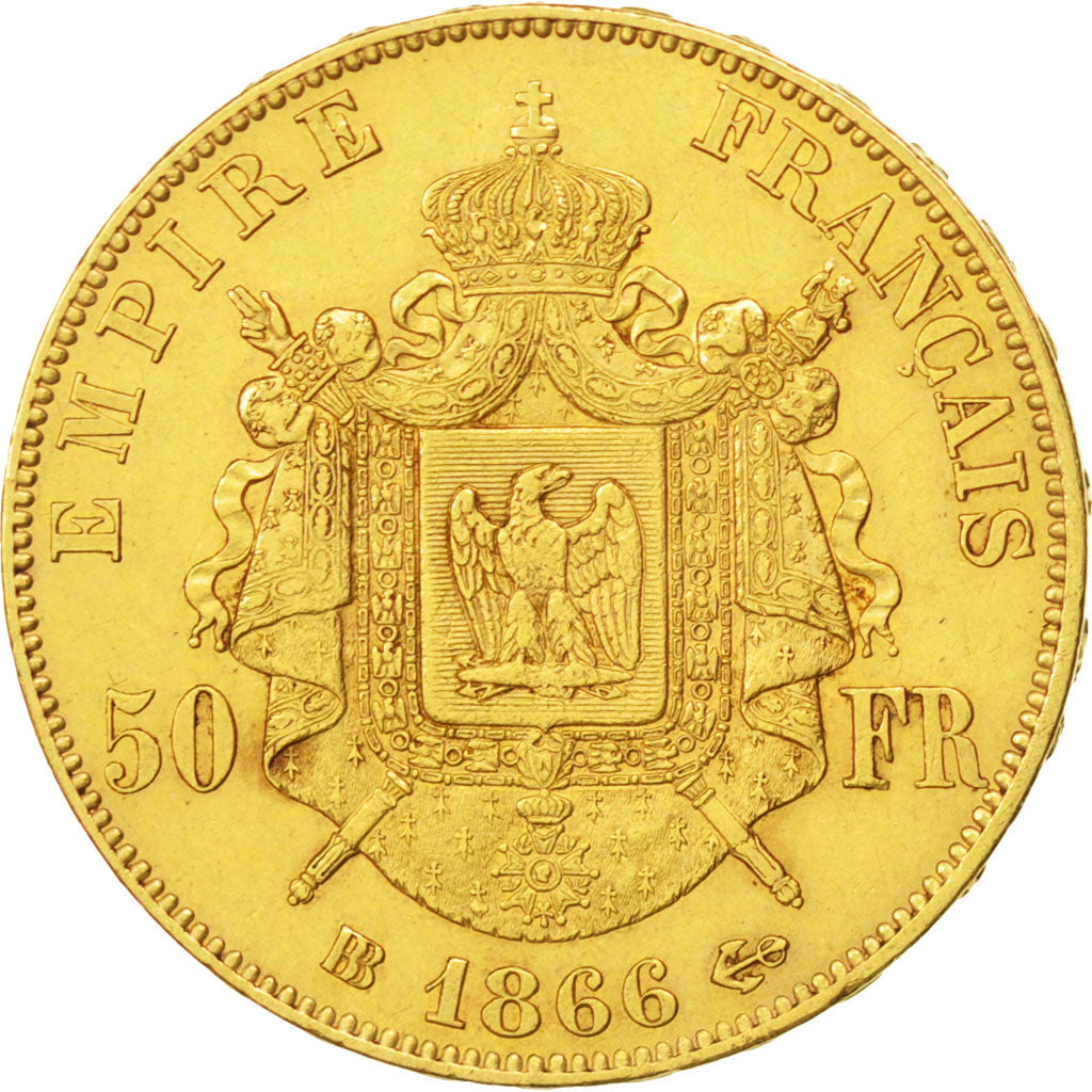 FRANCE, Napoléon III, 50 Francs, 1866, Strasbourg, KM #804.2, EF(40-45), Gold, G