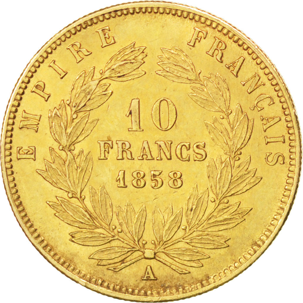 FRANCE, Napoléon III, 10 Francs, 1858, Paris, KM #784.3, AU(50-53), Gold, Gadour