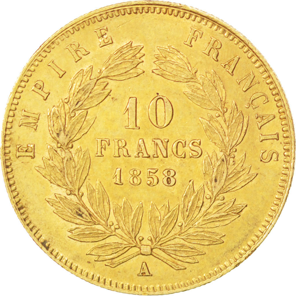 FRANCE, Napoléon III, 10 Francs, 1858, Paris, KM #784.3, AU(50-53), Gold, Gadour