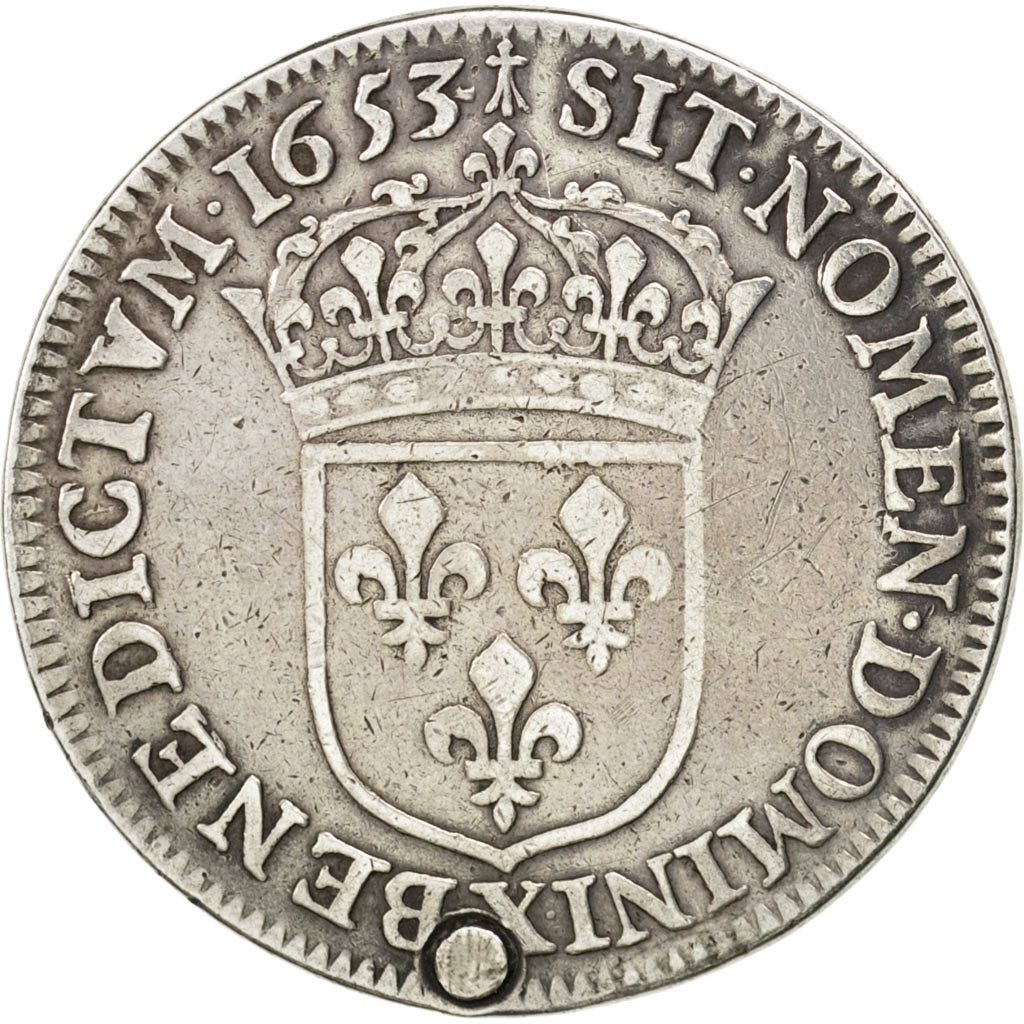 FRANCE, 1/4 Écu à la mèche longue, 1/4 ECU, 1653, Amiens, KM #162.20, F(12-15),