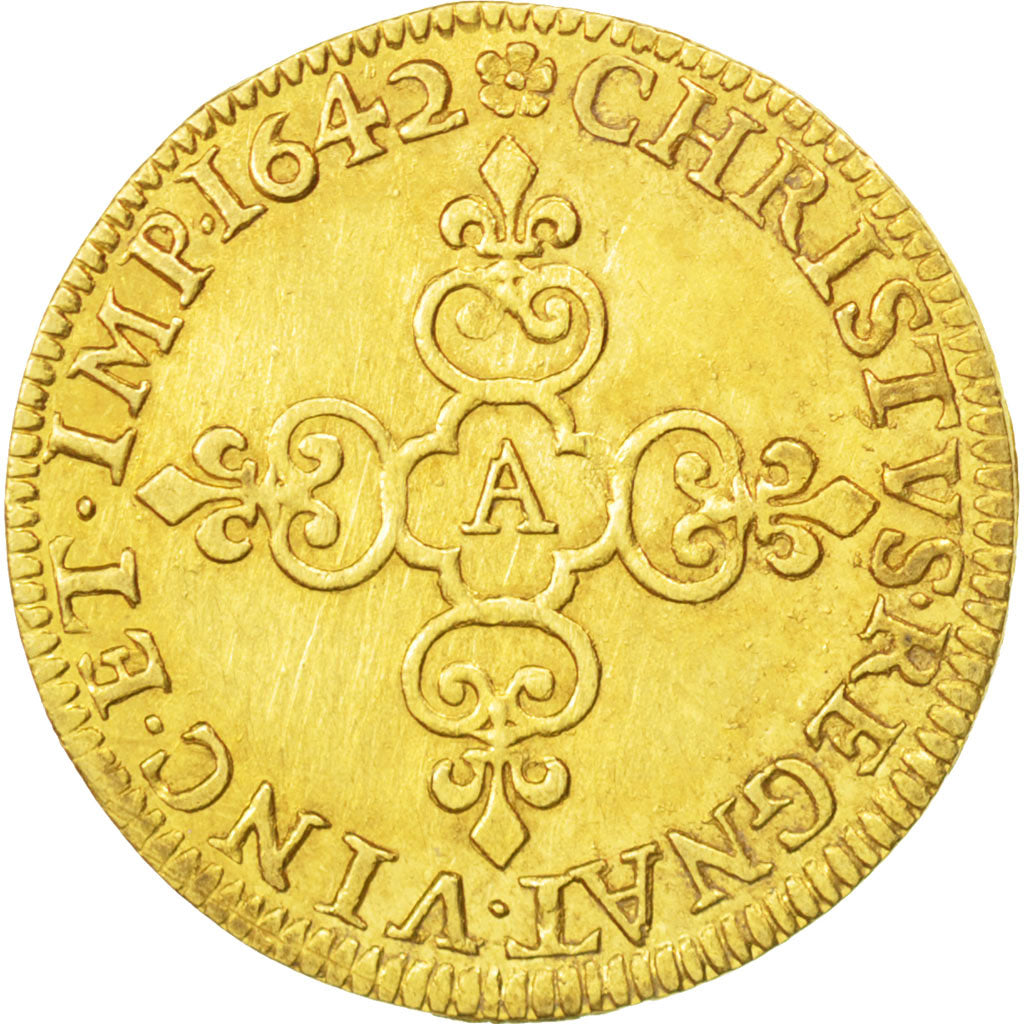 FRANCE, Écu d'or, ECU D'or, 1642, Paris, KM #41.1, AU(55-58), Gold, Gadoury #55,