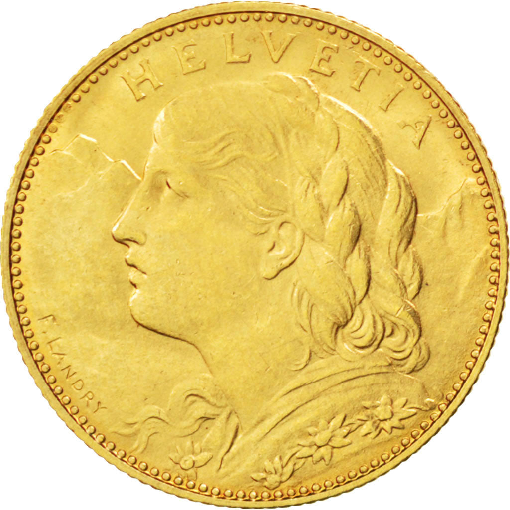SWITZERLAND, 10 Francs, 1915, Bern, KM #36, AU(55-58), Gold, 3.22